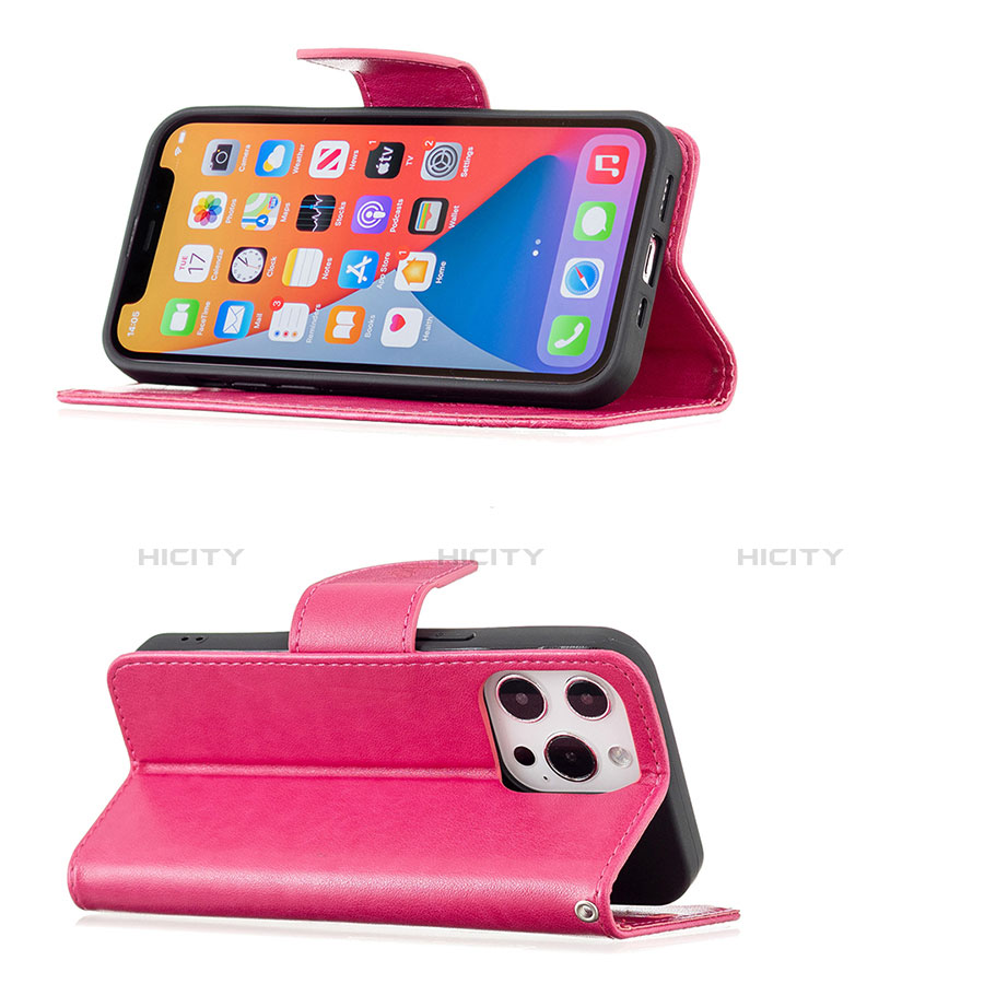 Funda de Cuero Cartera con Soporte Mariposa Carcasa L09 para Apple iPhone 13 Pro Rosa Roja