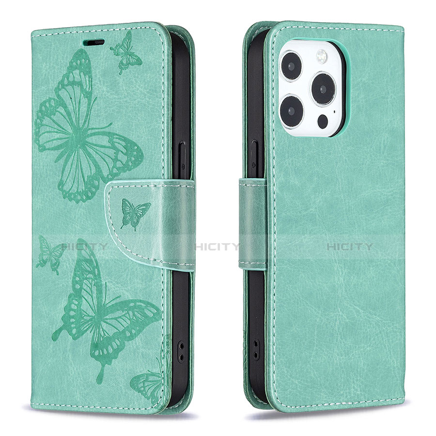 Funda de Cuero Cartera con Soporte Mariposa Carcasa L09 para Apple iPhone 13 Pro Verde