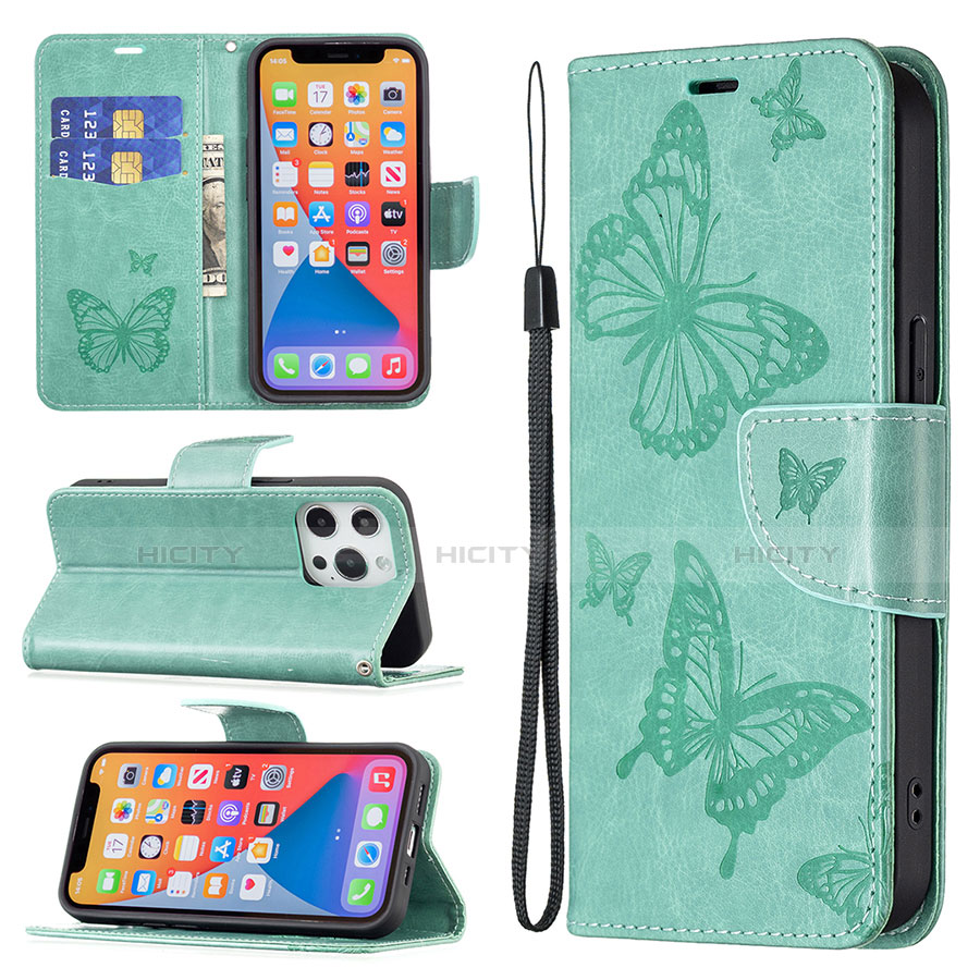 Funda de Cuero Cartera con Soporte Mariposa Carcasa L09 para Apple iPhone 13 Pro Verde