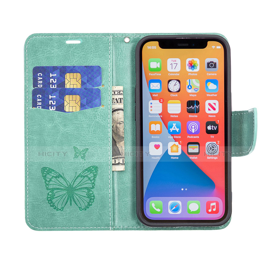 Funda de Cuero Cartera con Soporte Mariposa Carcasa L09 para Apple iPhone 13 Pro Verde