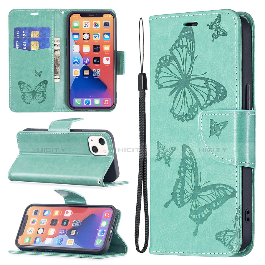 Funda de Cuero Cartera con Soporte Mariposa Carcasa L09 para Apple iPhone 14 Plus Verde