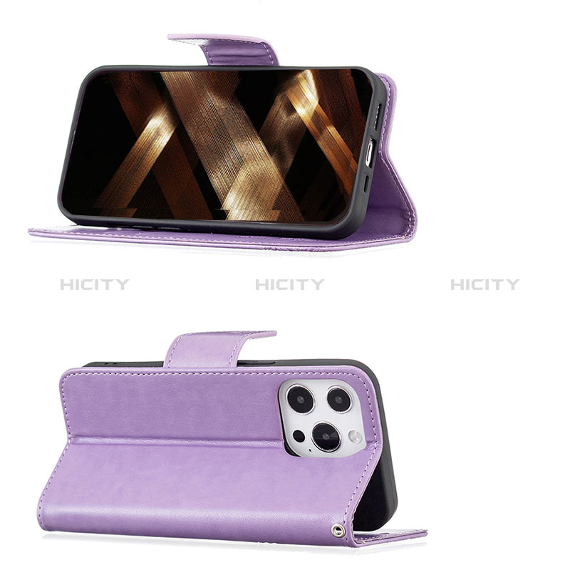 Funda de Cuero Cartera con Soporte Mariposa Carcasa L09 para Apple iPhone 14 Pro Morado