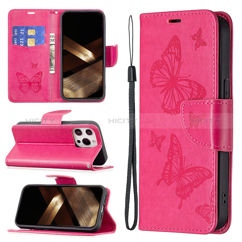 Funda de Cuero Cartera con Soporte Mariposa Carcasa L09 para Apple iPhone 14 Pro Rosa Roja