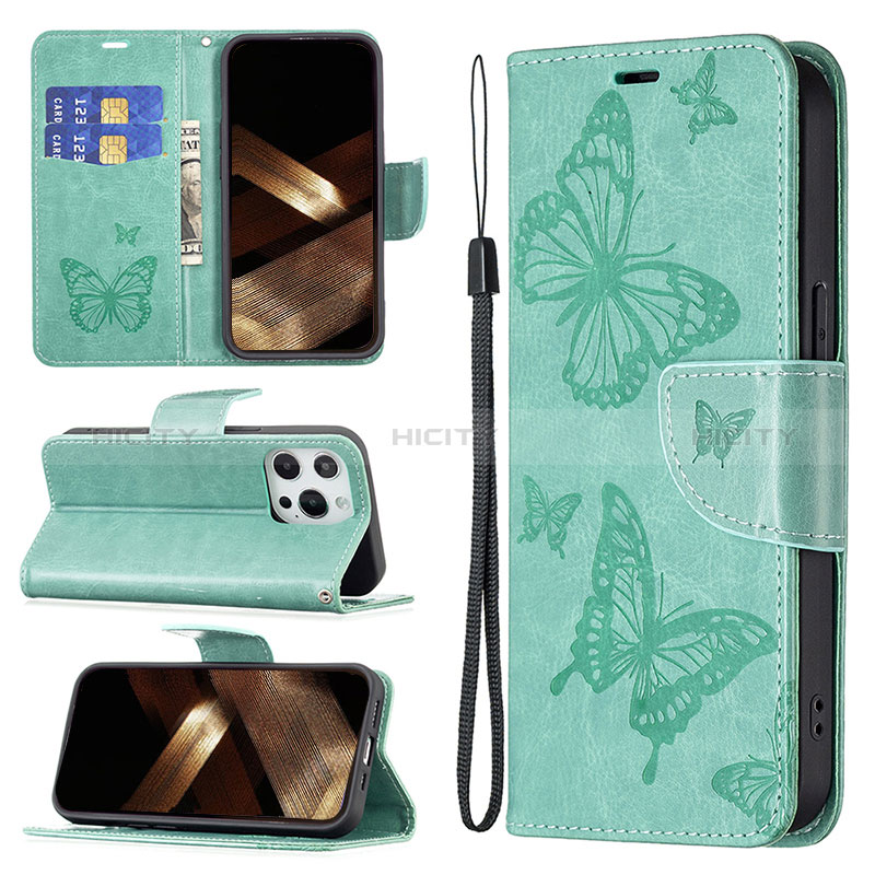 Funda de Cuero Cartera con Soporte Mariposa Carcasa L09 para Apple iPhone 14 Pro Verde