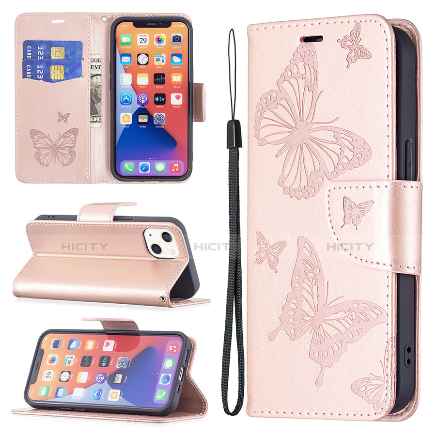 Funda de Cuero Cartera con Soporte Mariposa Carcasa L09 para Apple iPhone 14 Rosa