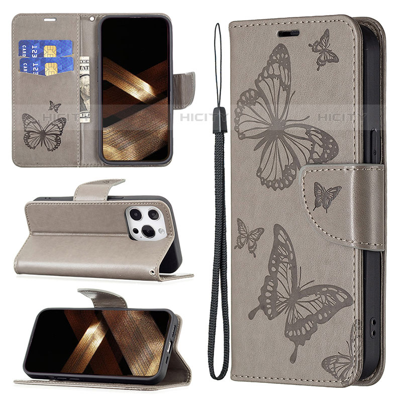 Funda de Cuero Cartera con Soporte Mariposa Carcasa L09 para Apple iPhone 15 Pro Gris Oscuro