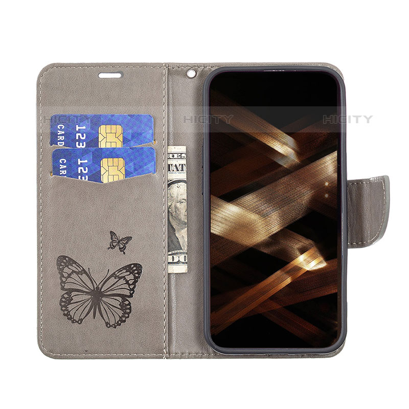 Funda de Cuero Cartera con Soporte Mariposa Carcasa L09 para Apple iPhone 15 Pro Max Gris Oscuro