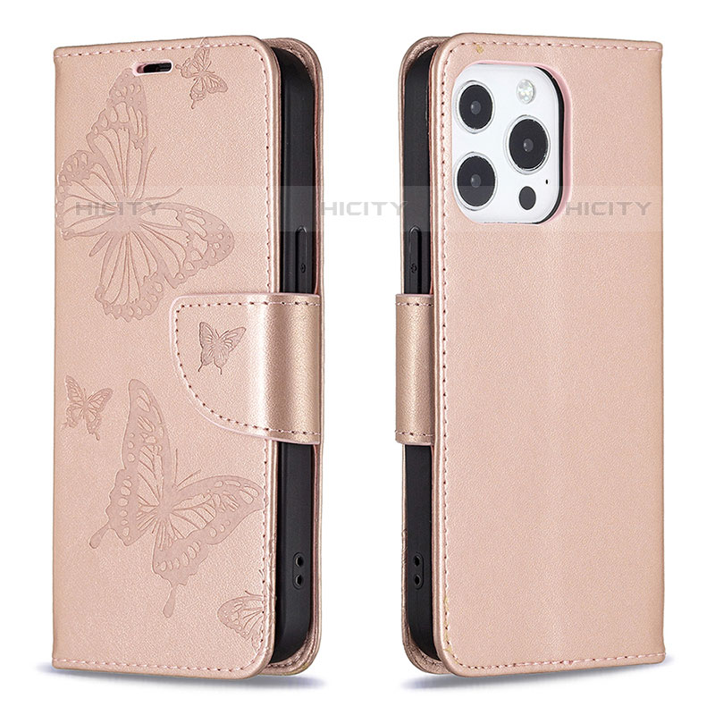 Funda de Cuero Cartera con Soporte Mariposa Carcasa L09 para Apple iPhone 15 Pro Max Rosa