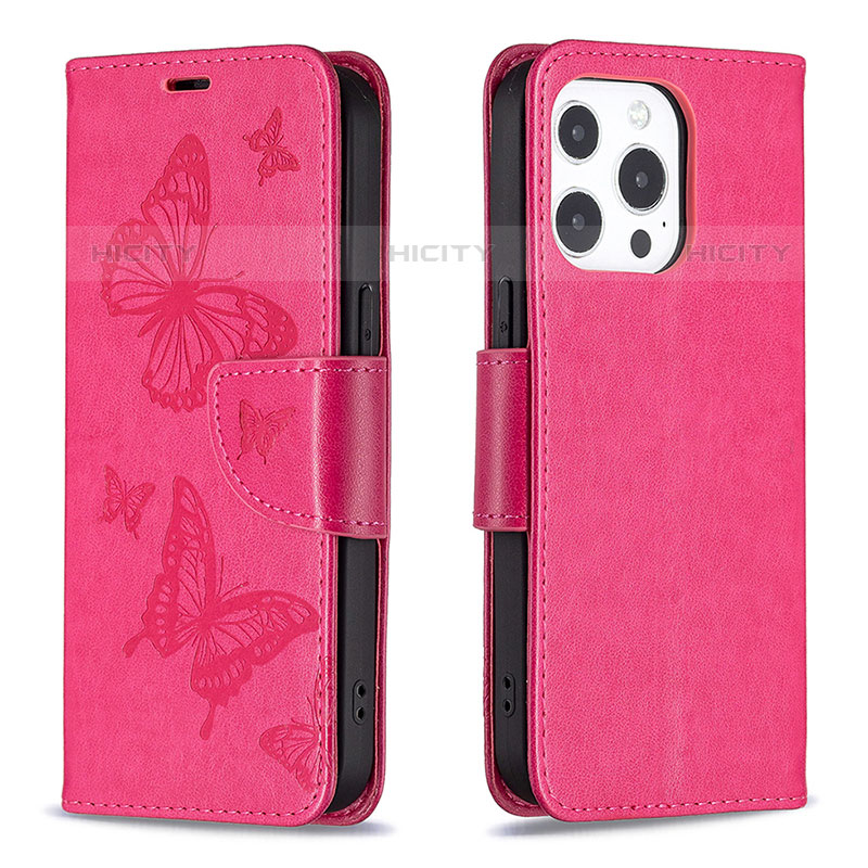 Funda de Cuero Cartera con Soporte Mariposa Carcasa L09 para Apple iPhone 15 Pro Rosa Roja