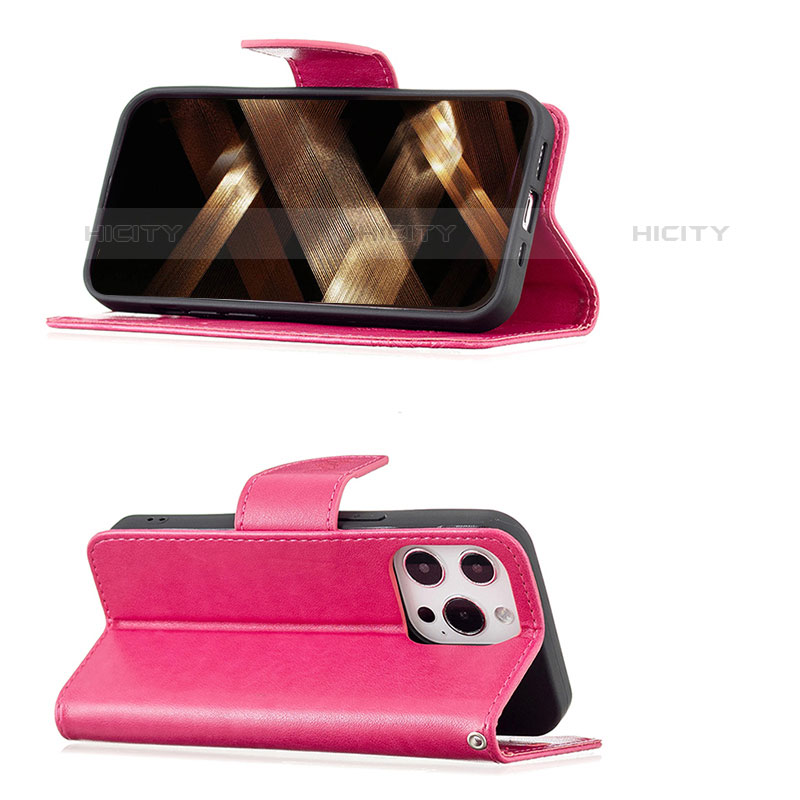 Funda de Cuero Cartera con Soporte Mariposa Carcasa L09 para Apple iPhone 15 Pro Rosa Roja