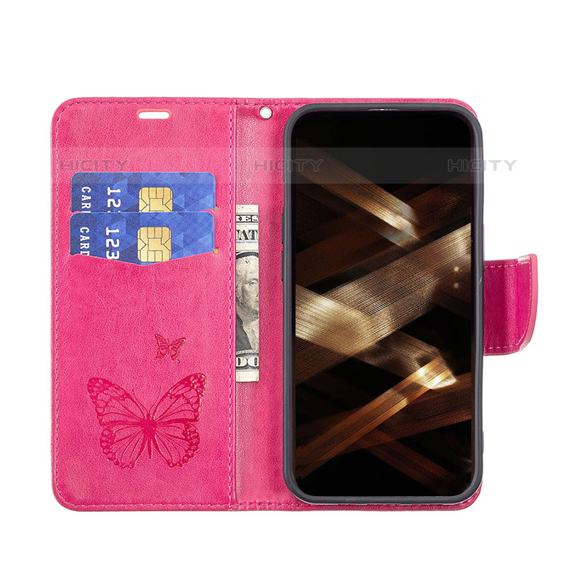 Funda de Cuero Cartera con Soporte Mariposa Carcasa L09 para Apple iPhone 15 Pro Rosa Roja