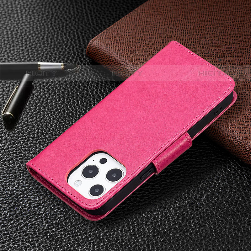 Funda de Cuero Cartera con Soporte Mariposa Carcasa L09 para Apple iPhone 15 Pro Rosa Roja