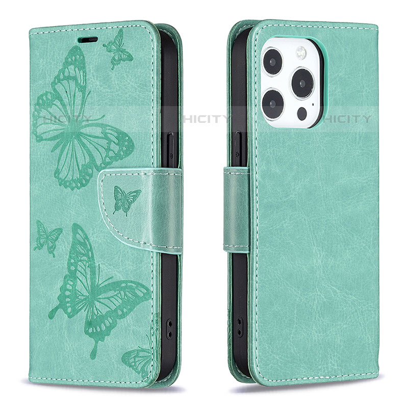 Funda de Cuero Cartera con Soporte Mariposa Carcasa L09 para Apple iPhone 15 Pro Verde