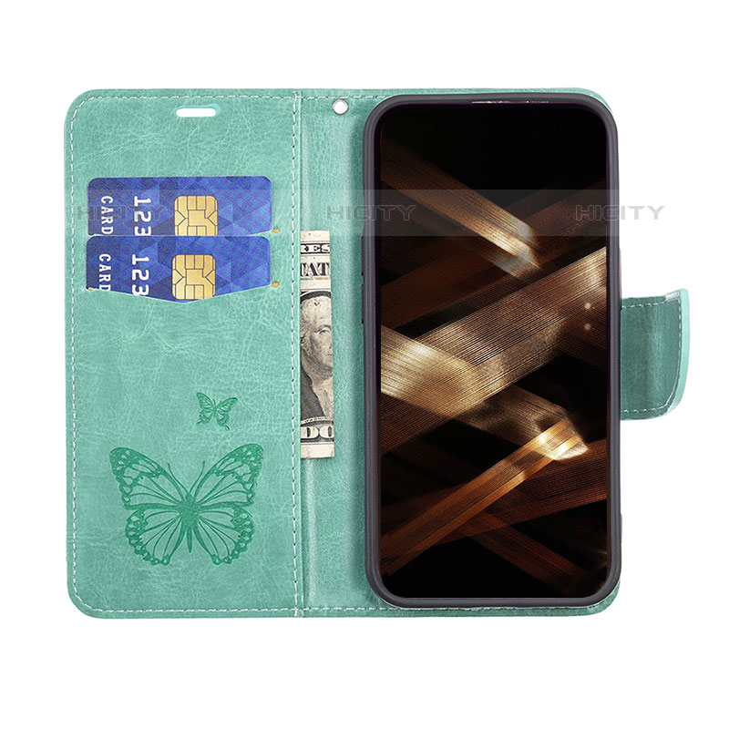 Funda de Cuero Cartera con Soporte Mariposa Carcasa L09 para Apple iPhone 15 Pro Verde