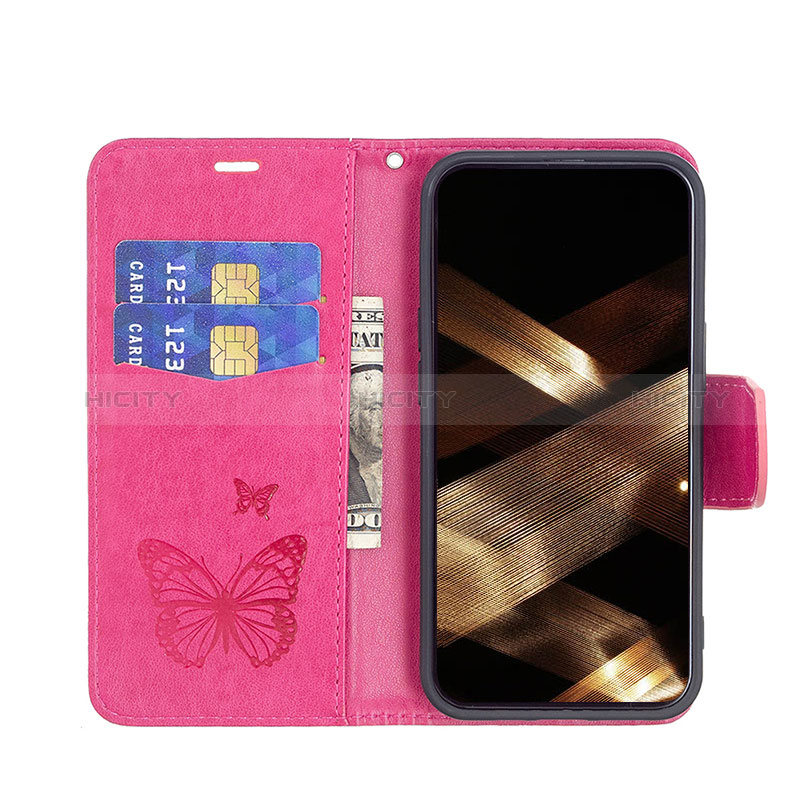 Funda de Cuero Cartera con Soporte Mariposa Carcasa L09 para Apple iPhone 15 Rosa Roja