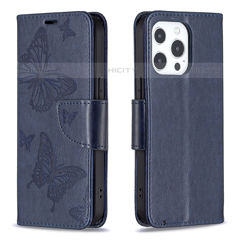 Funda de Cuero Cartera con Soporte Mariposa Carcasa L09 para Apple iPhone 16 Pro Azul