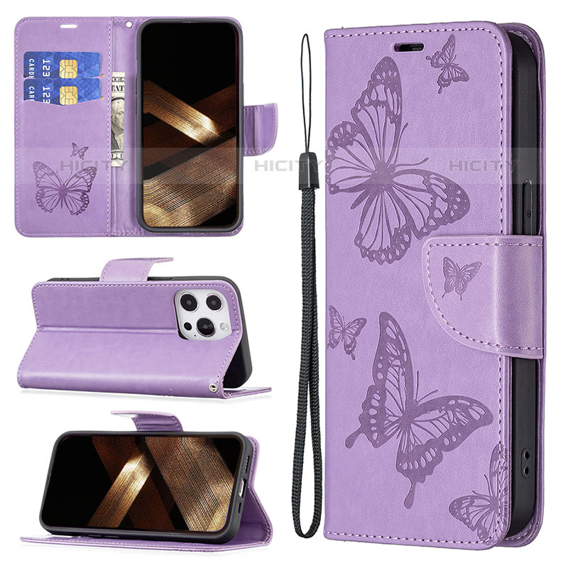 Funda de Cuero Cartera con Soporte Mariposa Carcasa L09 para Apple iPhone 16 Pro Morado