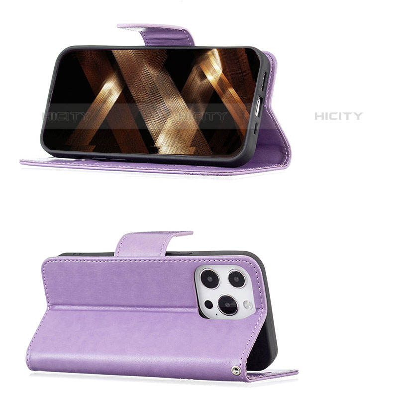 Funda de Cuero Cartera con Soporte Mariposa Carcasa L09 para Apple iPhone 16 Pro Morado