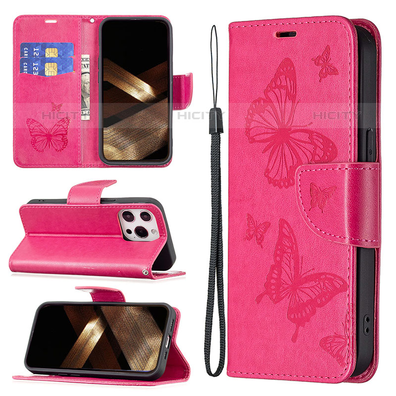 Funda de Cuero Cartera con Soporte Mariposa Carcasa L09 para Apple iPhone 16 Pro Rosa Roja