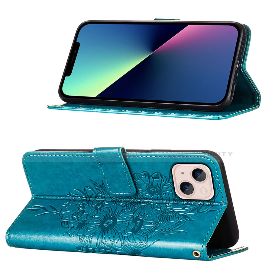 Funda de Cuero Cartera con Soporte Mariposa Carcasa L10 para Apple iPhone 13 Azul