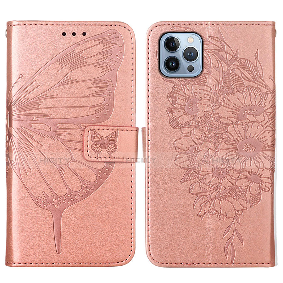 Funda de Cuero Cartera con Soporte Mariposa Carcasa L10 para Apple iPhone 13 Pro Max Oro Rosa