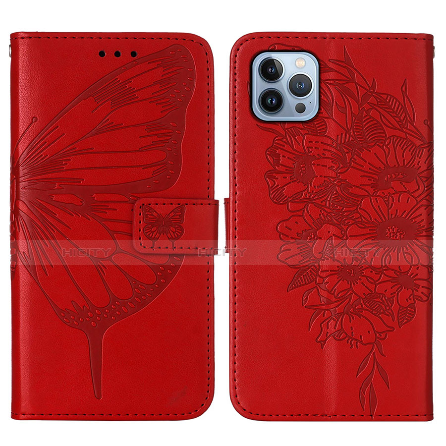 Funda de Cuero Cartera con Soporte Mariposa Carcasa L10 para Apple iPhone 13 Pro Max Rojo