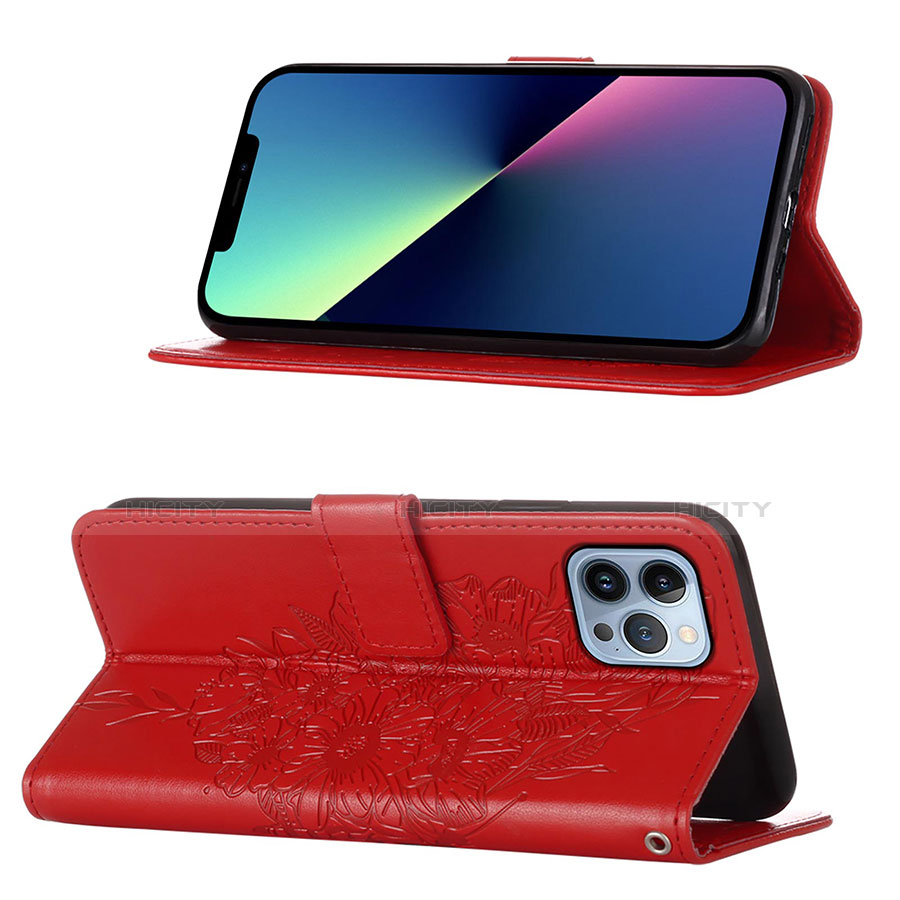 Funda de Cuero Cartera con Soporte Mariposa Carcasa L10 para Apple iPhone 13 Pro Max Rojo