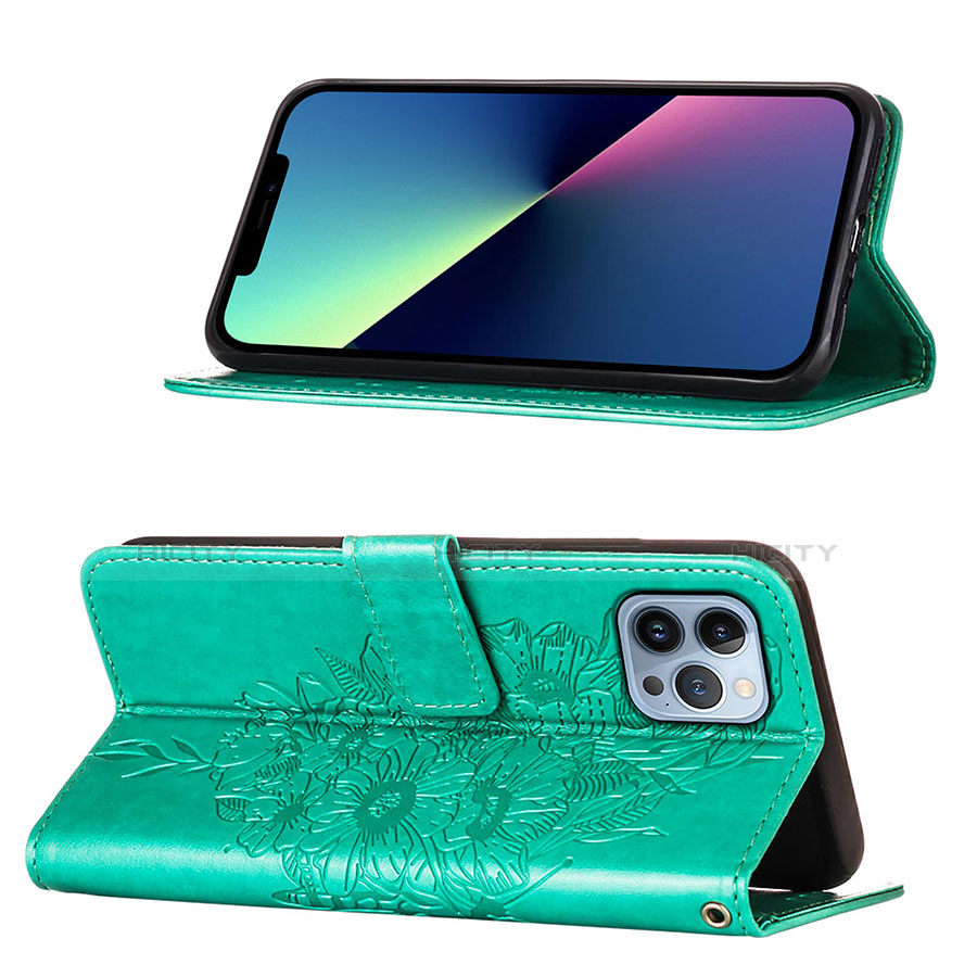 Funda de Cuero Cartera con Soporte Mariposa Carcasa L10 para Apple iPhone 13 Pro Max Verde