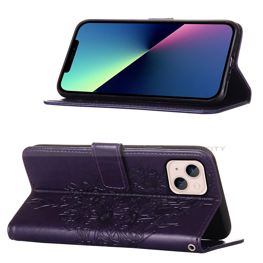 Funda de Cuero Cartera con Soporte Mariposa Carcasa L10 para Apple iPhone 14 Morado