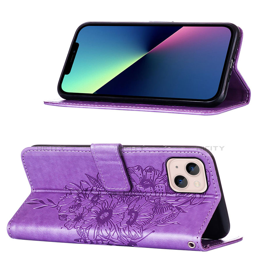 Funda de Cuero Cartera con Soporte Mariposa Carcasa L10 para Apple iPhone 14 Plus Purpura Claro