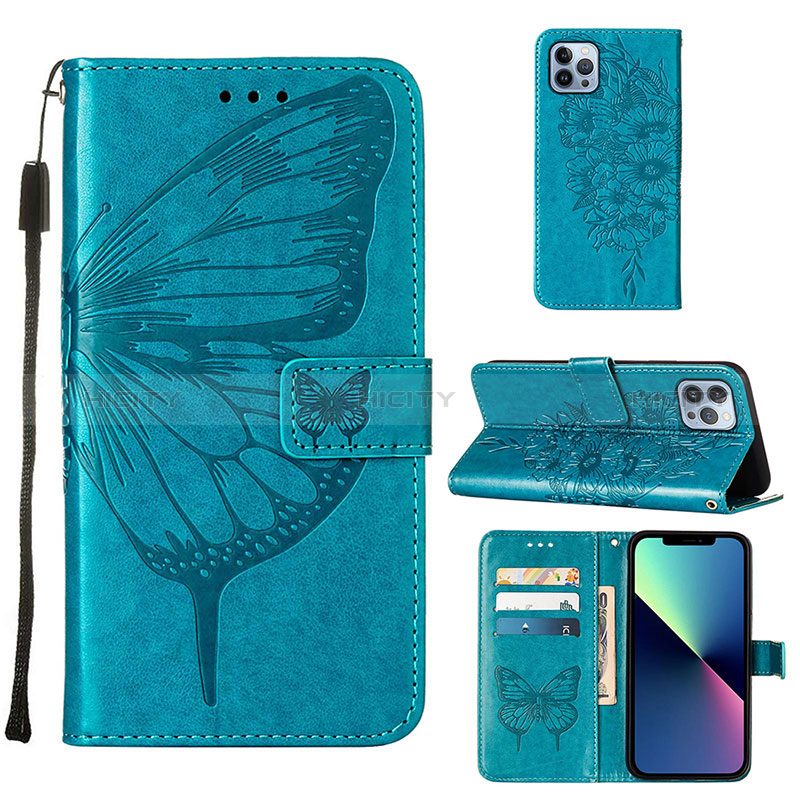 Funda de Cuero Cartera con Soporte Mariposa Carcasa L10 para Apple iPhone 14 Pro Max Azul