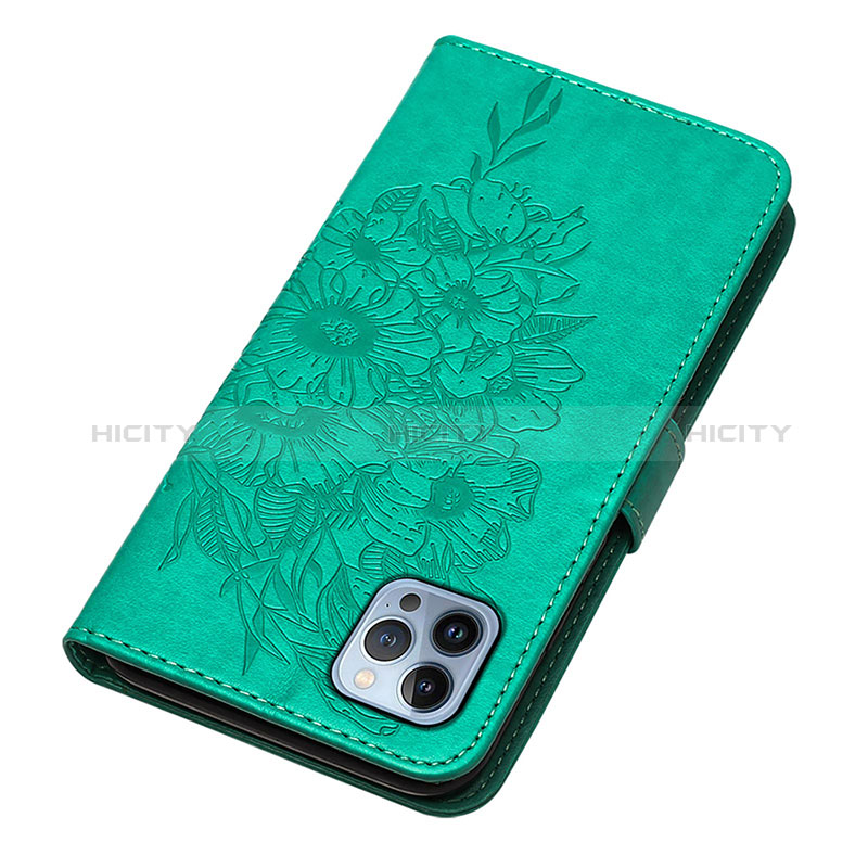 Funda de Cuero Cartera con Soporte Mariposa Carcasa L10 para Apple iPhone 14 Pro Max Verde