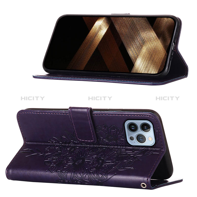 Funda de Cuero Cartera con Soporte Mariposa Carcasa L10 para Apple iPhone 14 Pro Morado