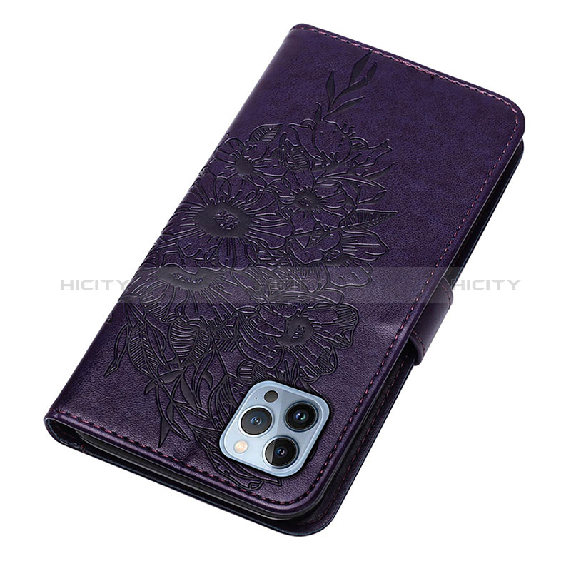 Funda de Cuero Cartera con Soporte Mariposa Carcasa L10 para Apple iPhone 14 Pro Morado