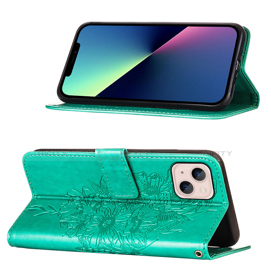 Funda de Cuero Cartera con Soporte Mariposa Carcasa L10 para Apple iPhone 14 Verde