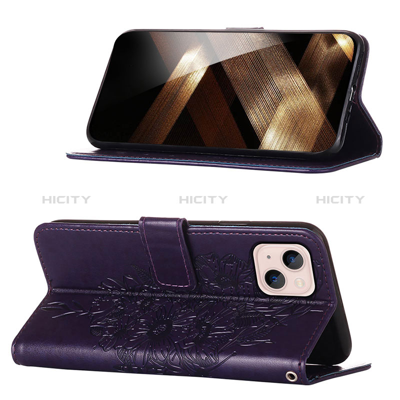 Funda de Cuero Cartera con Soporte Mariposa Carcasa L10 para Apple iPhone 15 Morado