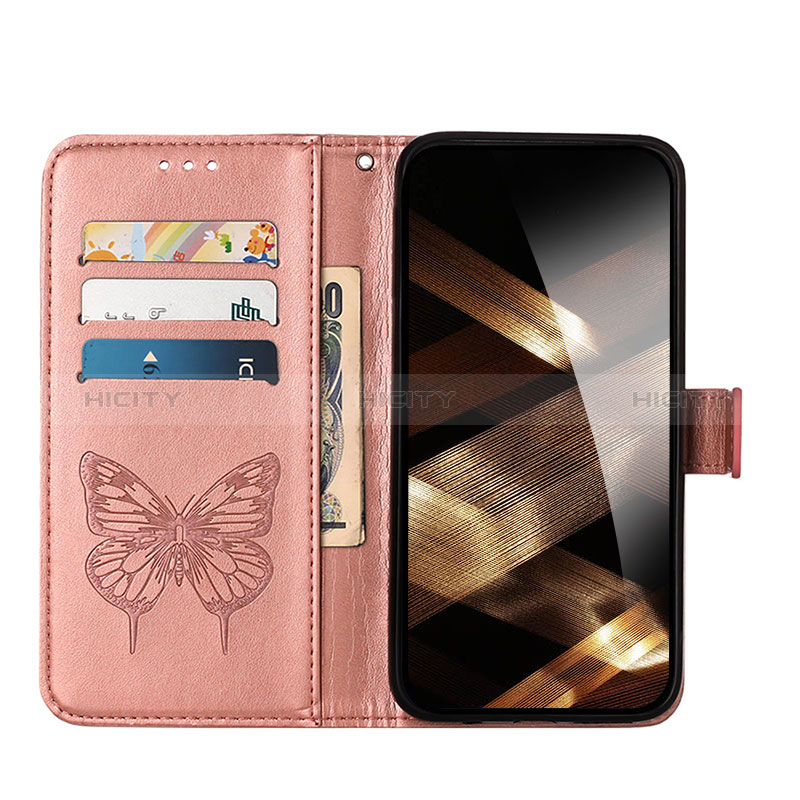 Funda de Cuero Cartera con Soporte Mariposa Carcasa L10 para Apple iPhone 15 Oro Rosa