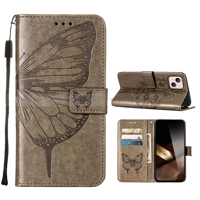 Funda de Cuero Cartera con Soporte Mariposa Carcasa L10 para Apple iPhone 15 Plus Gris Oscuro