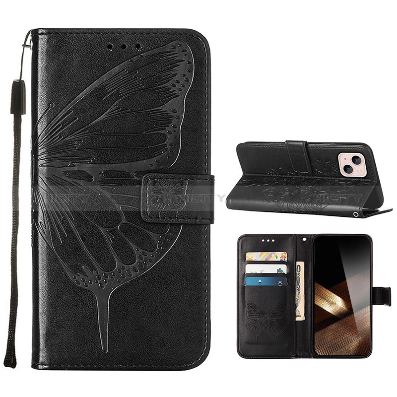 Funda de Cuero Cartera con Soporte Mariposa Carcasa L10 para Apple iPhone 15 Plus Negro