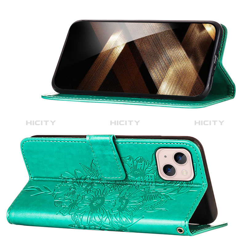 Funda de Cuero Cartera con Soporte Mariposa Carcasa L10 para Apple iPhone 15 Plus Verde