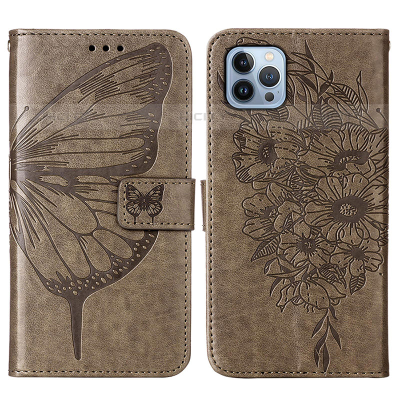 Funda de Cuero Cartera con Soporte Mariposa Carcasa L10 para Apple iPhone 15 Pro Gris Oscuro