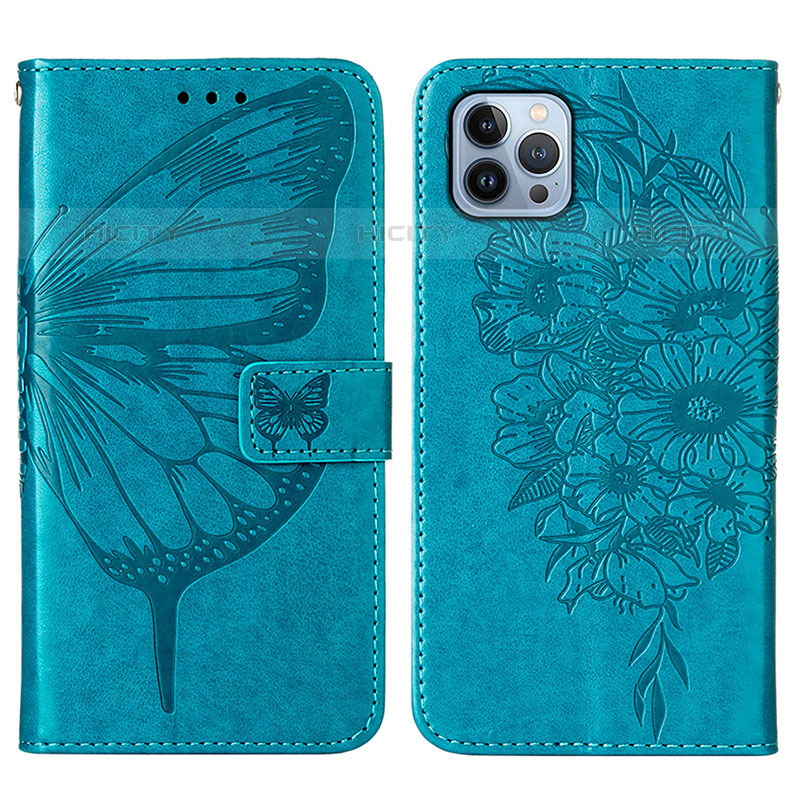 Funda de Cuero Cartera con Soporte Mariposa Carcasa L10 para Apple iPhone 15 Pro Max Azul