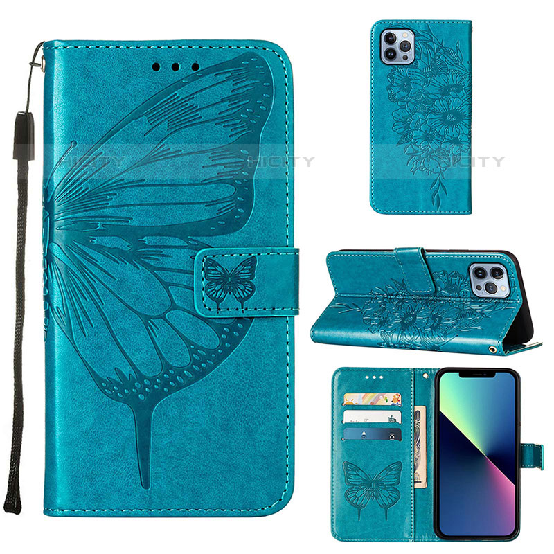 Funda de Cuero Cartera con Soporte Mariposa Carcasa L10 para Apple iPhone 15 Pro Max Azul