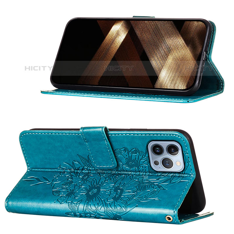 Funda de Cuero Cartera con Soporte Mariposa Carcasa L10 para Apple iPhone 15 Pro Max Azul