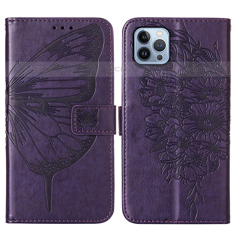 Funda de Cuero Cartera con Soporte Mariposa Carcasa L10 para Apple iPhone 15 Pro Max Morado