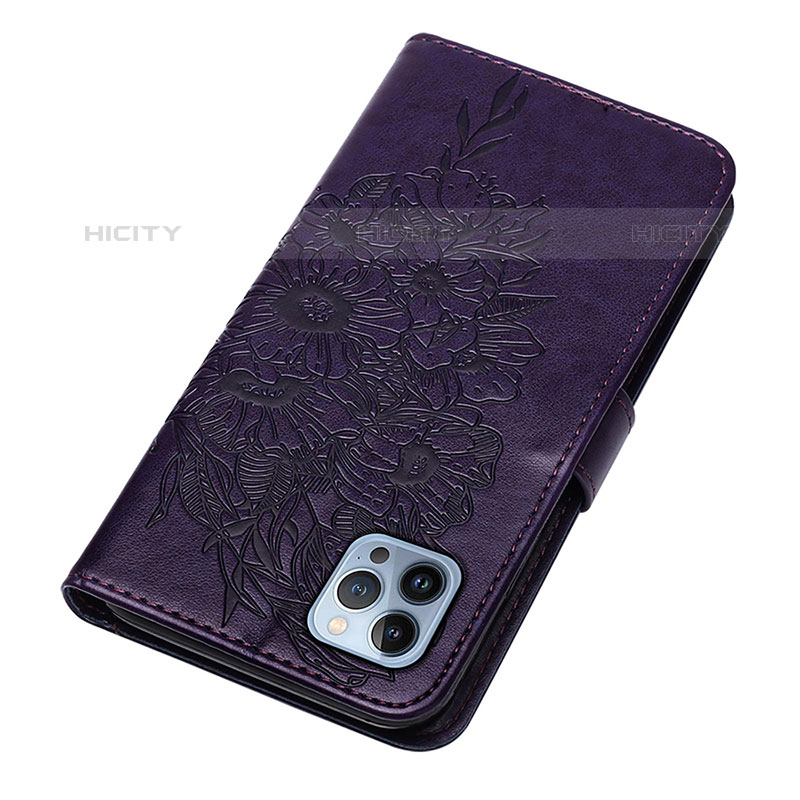 Funda de Cuero Cartera con Soporte Mariposa Carcasa L10 para Apple iPhone 15 Pro Max Morado