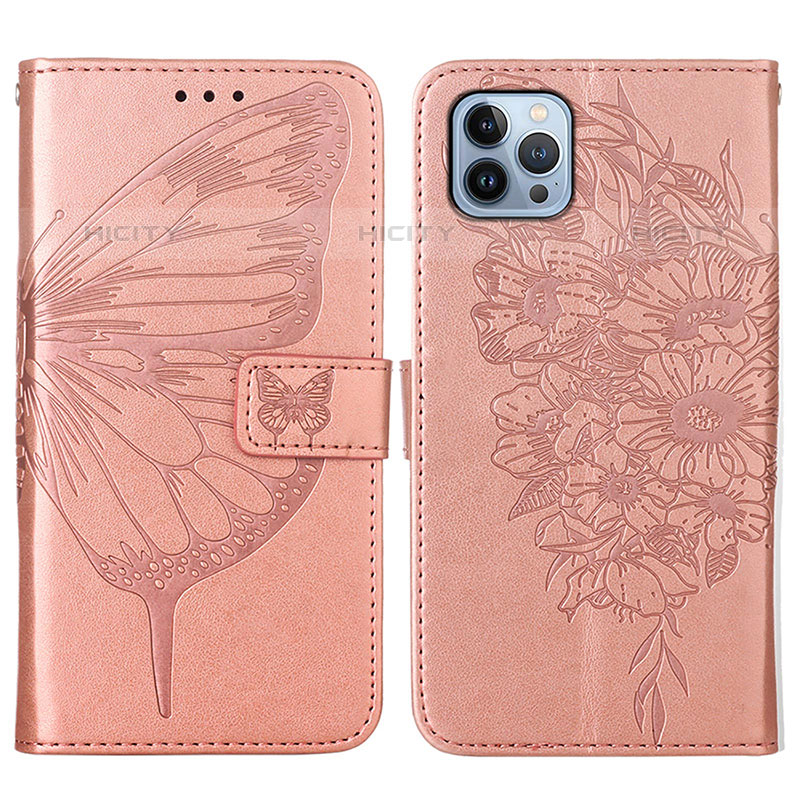 Funda de Cuero Cartera con Soporte Mariposa Carcasa L10 para Apple iPhone 15 Pro Max Oro Rosa