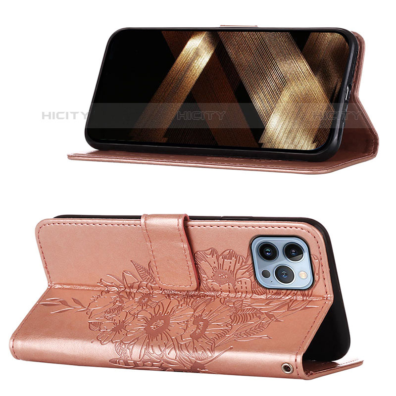 Funda de Cuero Cartera con Soporte Mariposa Carcasa L10 para Apple iPhone 15 Pro Max Oro Rosa