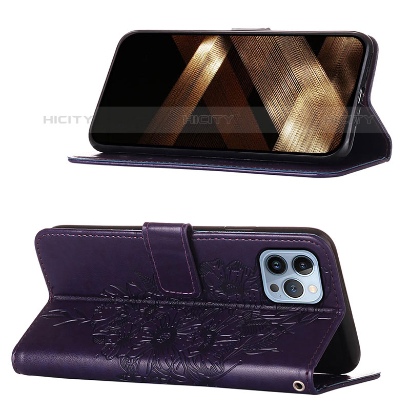 Funda de Cuero Cartera con Soporte Mariposa Carcasa L10 para Apple iPhone 15 Pro Morado