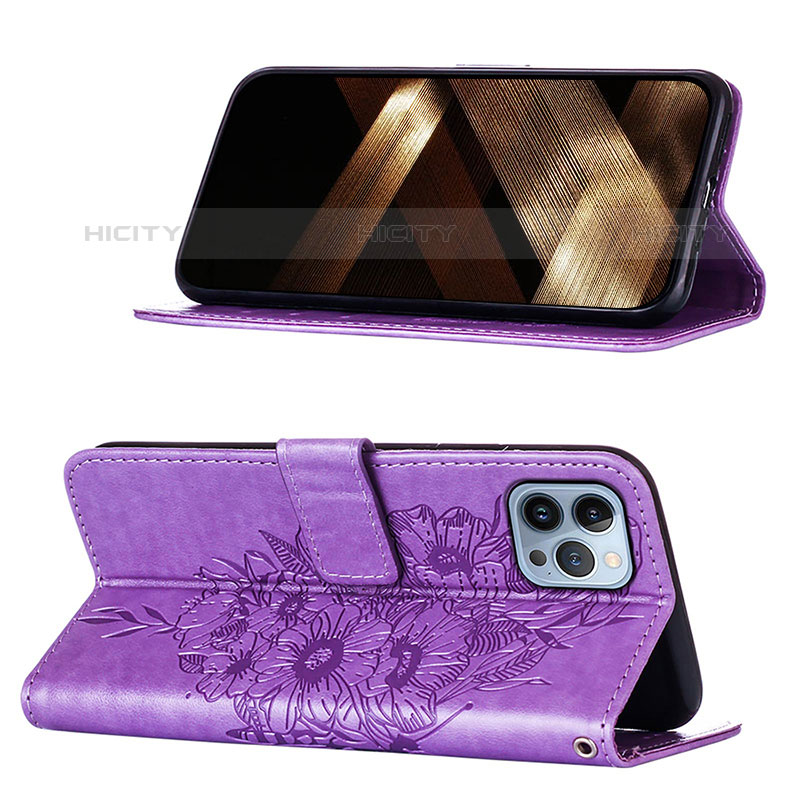 Funda de Cuero Cartera con Soporte Mariposa Carcasa L10 para Apple iPhone 15 Pro Purpura Claro